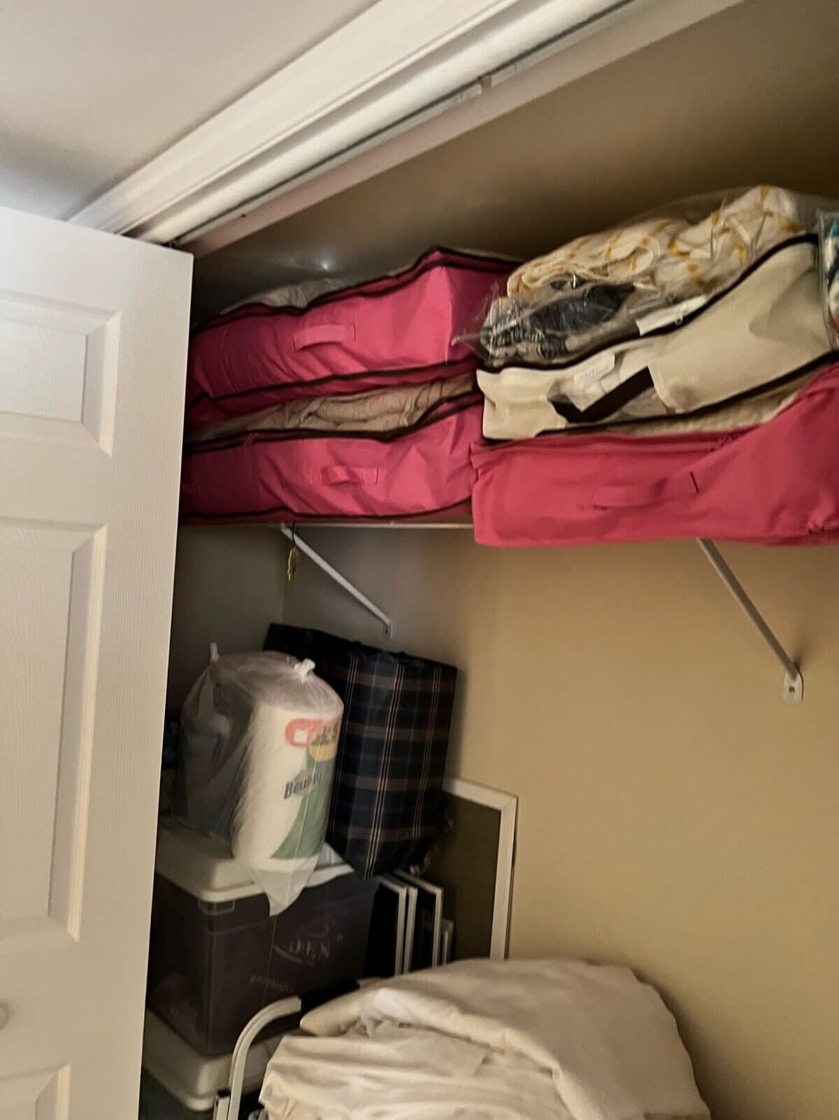 A room with a bed, a closet with hanging clothes, and a bag of groceries.