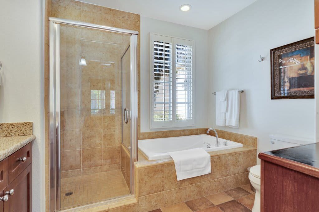 Shower, hair dryer, towels