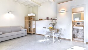 Una sala moderna con un sofá, una mesa de comedor con sillas, un armario de madera y una zona de cocina con un lavamanos y un espejo.