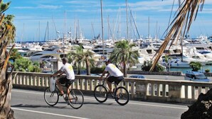 Een weg met twee fietsers en een jachthaven vol boten op de achtergrond.