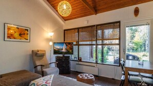 A cozy living room with a fireplace, comfortable seating, a television, and large windows.