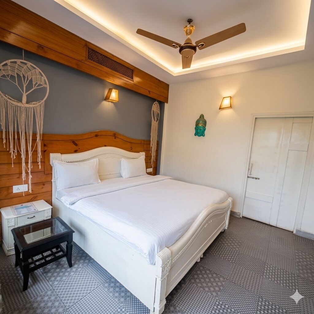 A neatly arranged bedroom with a bed, bedside table, and a ceiling fan.