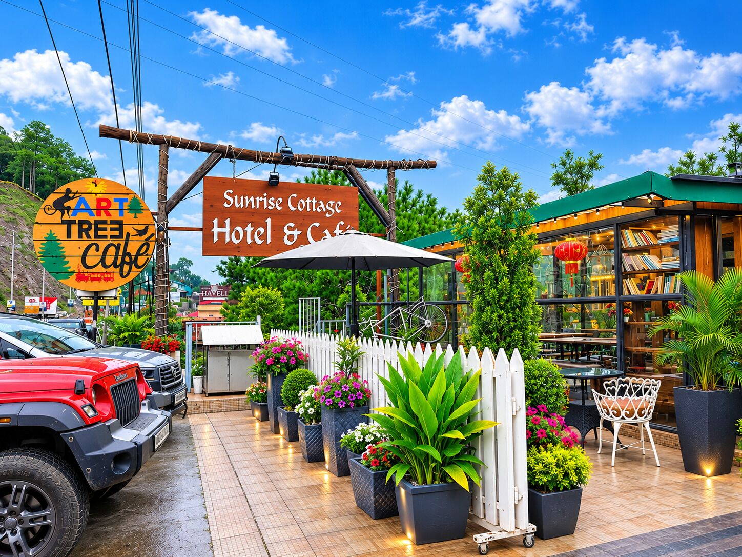 A Sunrise Cottage Hotel & Cafe with a wooden sign, outdoor seating, and potted plants.