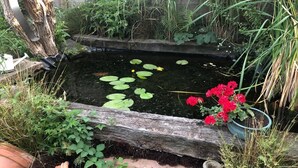 A garden with a pond, surrounded by various plants and a wooden fence. - La Petite Maison Sous le Toit - 25 km Nord de Strasbourg (Kriegsheim)