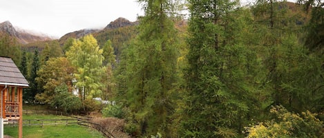 A lodge with a wooden structure, a parking area, and a forested mountain backdrop.