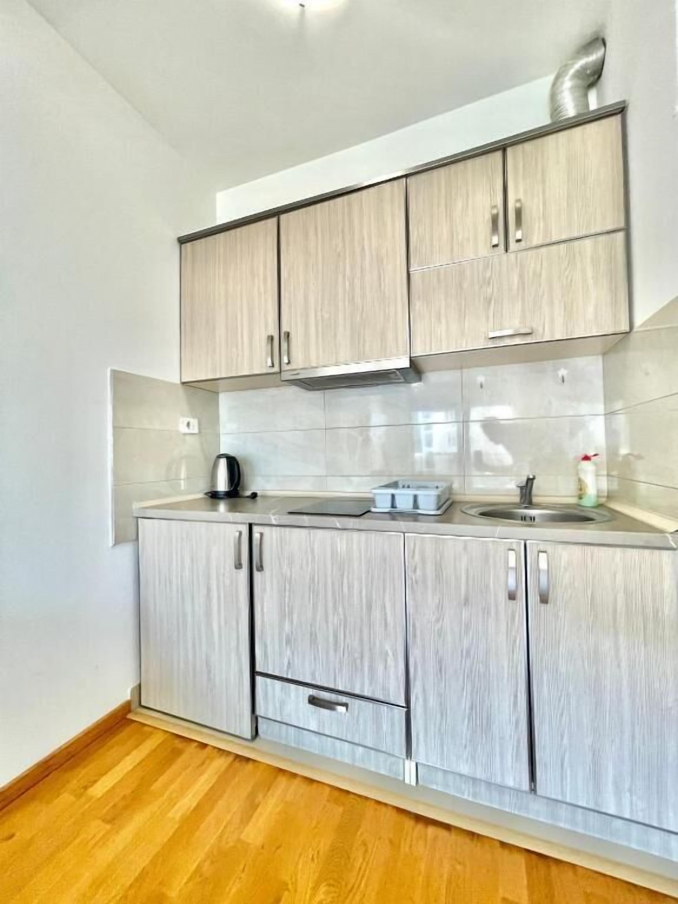 Una cocina moderna con armarios de madera clara, un lavamanos de acero inoxidable y una campana extractora empotrada.