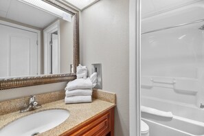 Bathroom features a granite countertop sink, large mirror, and a glass-enclosed shower with a bathtub.