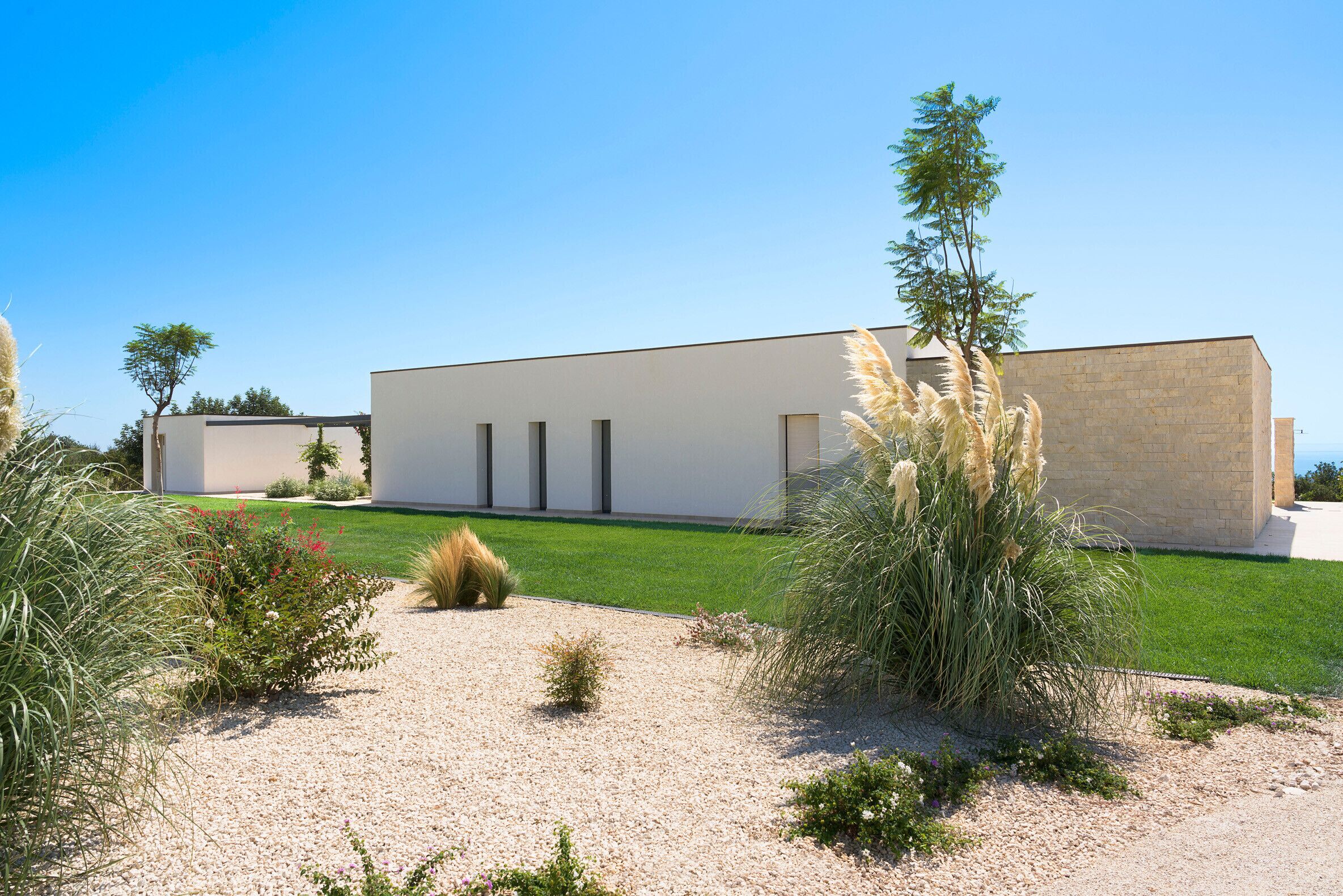 A modern building with a flat roof, rectangular windows, and a gravel garden with various plants.