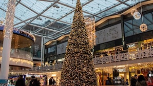 Un gran árbol navideño decorado en un centro comercial con techo de vidrio y numerosas tiendas.