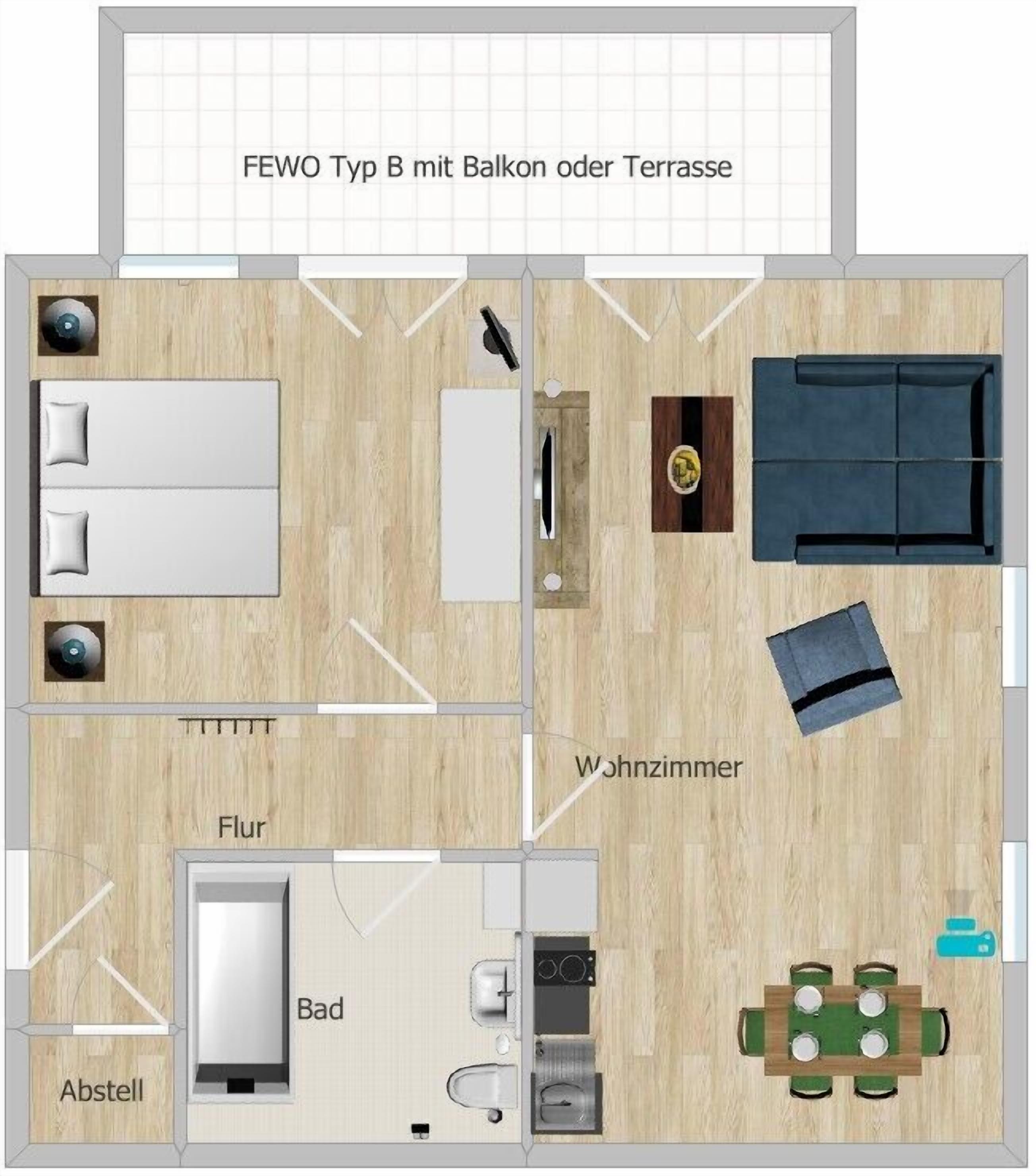 Ferienwohnung Typ B ca. 65 qm mit Balkon oder Terrasse bis vier Personen-Grundriss FEWO Typ B