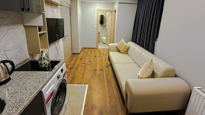 A compact living space with a kitchenette, a sofa, and a view into the bathroom.