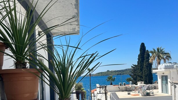 A balcony with potted plants and a view of the sea. - Tiana Butik Otel (Bodrum)