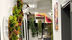 A narrow hallway with a modern kitchen area featuring a marble countertop and hanging plants. - Tiana Butik Otel (Bodrum)