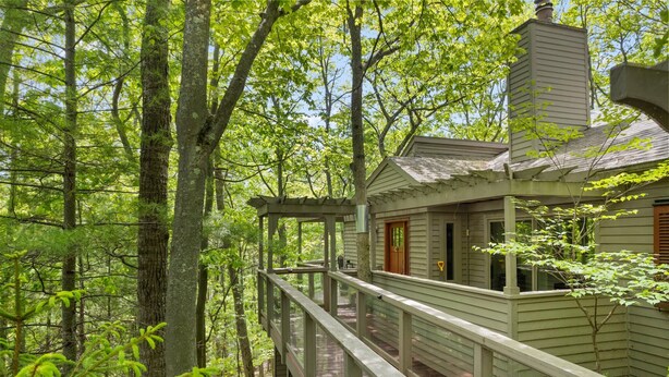 A wooden cabin with a porch, surrounded by dense forest.