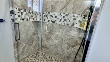 Hair dryer, towels, soap, toilet paper