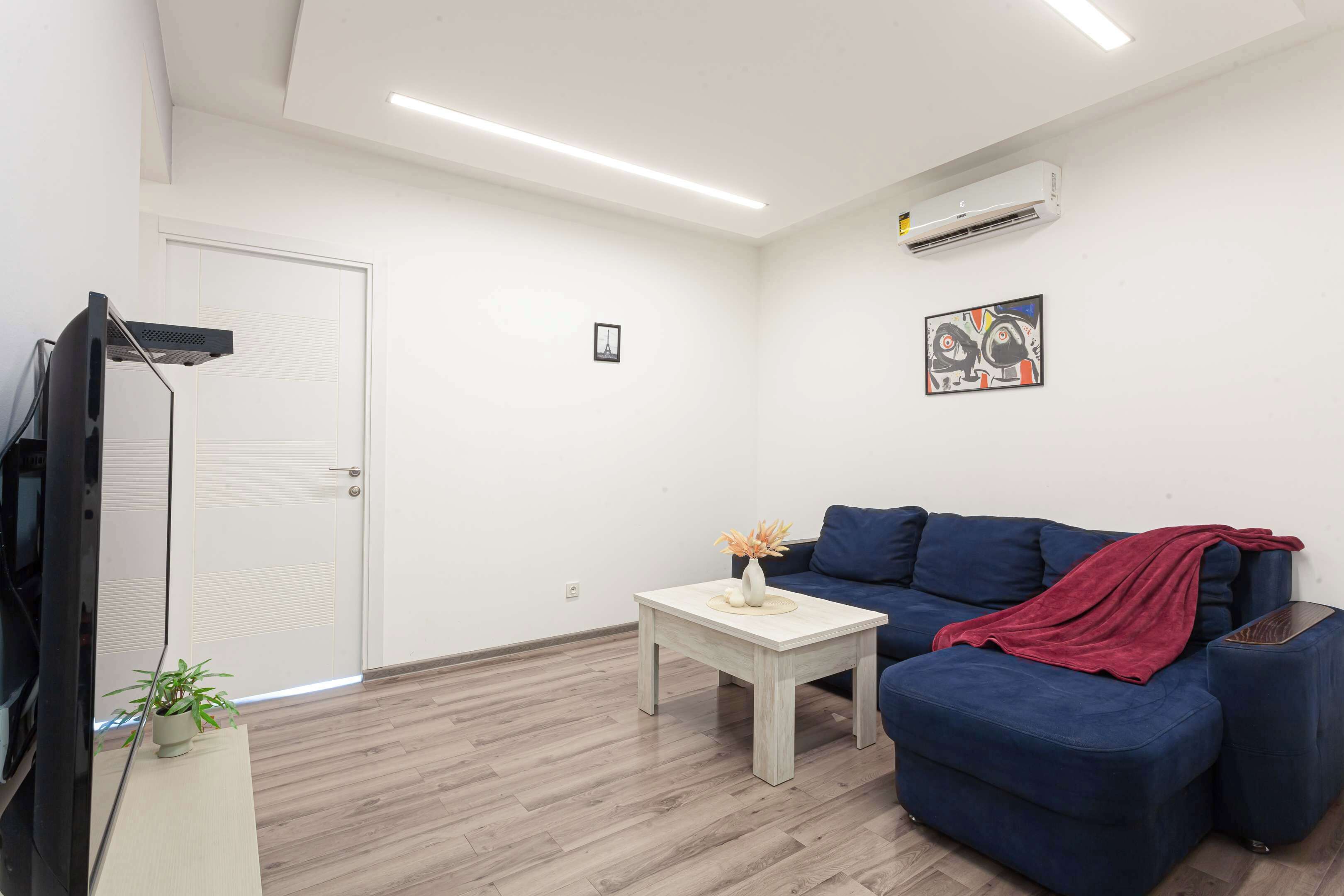 A living room with a blue sofa, a white coffee table, a TV on a stand, and a potted plant.