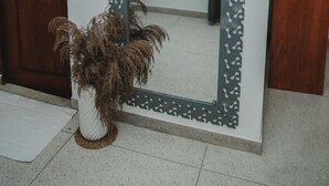 Un baño con un espejo grande, una puerta de madera, una pequeña planta en maceta y un armario de madera.
