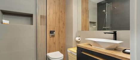 Shower, hair dryer, shampoo