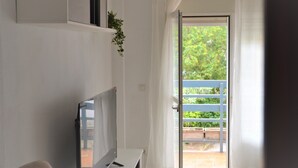 Une pièce avec un téléviseur posé sur un meuble, une plante accrochée au mur et un balcon doté d’une rambarde bleue.