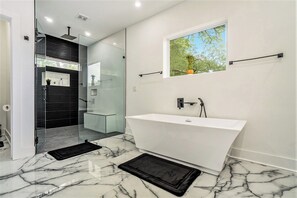 Hair dryer, towels, soap, toilet paper