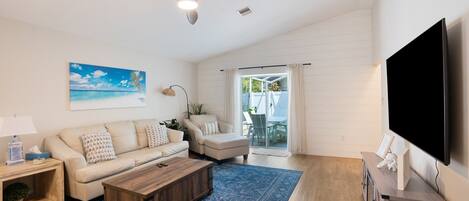 Smart TV, fireplace, books