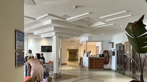 En hotellobby med en receptionsdisk, en brandsläckare och en stor krukväxt.