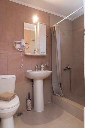 Regadera, secadora de cabello, toallas, jabón 