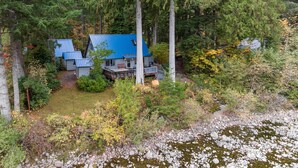 A cabin with a blue roof, surrounded by dense forest. - Mountain Memories - river access, pet friendly w/ hot tub (Baring)