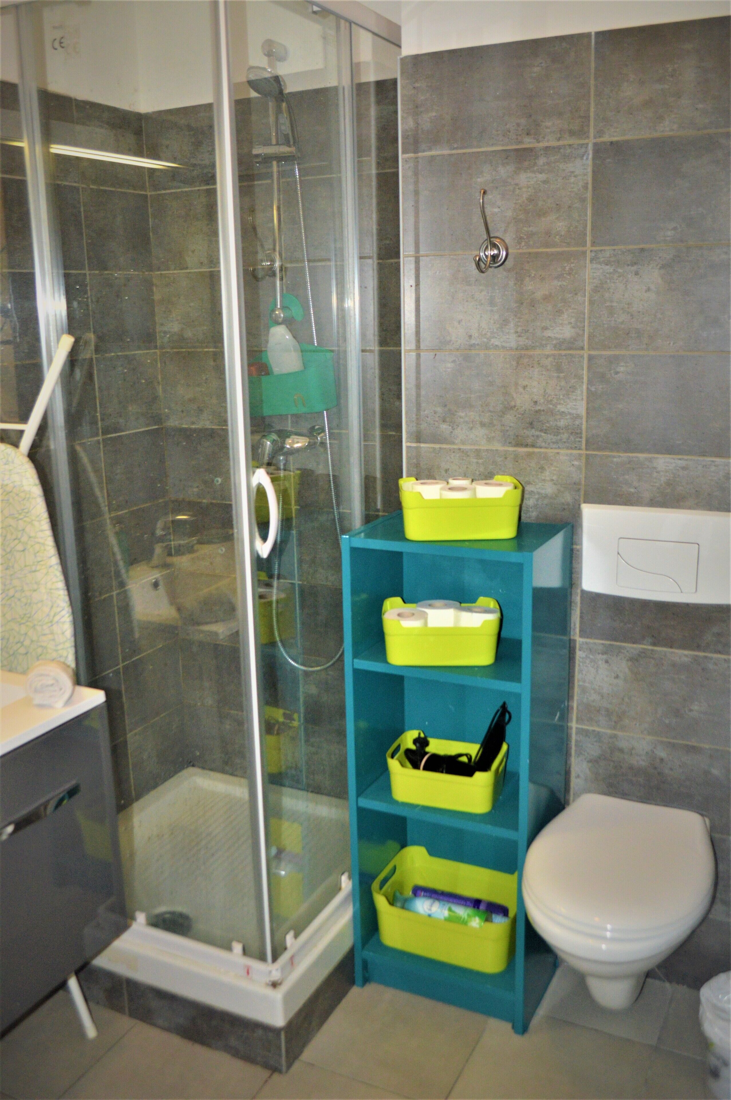 A bathroom with a glass-enclosed shower, a toilet, and a shelf with storage bins.