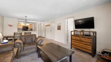 TV connectée, cheminée, livres