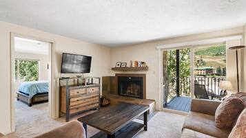 TV connectée, cheminée, livres