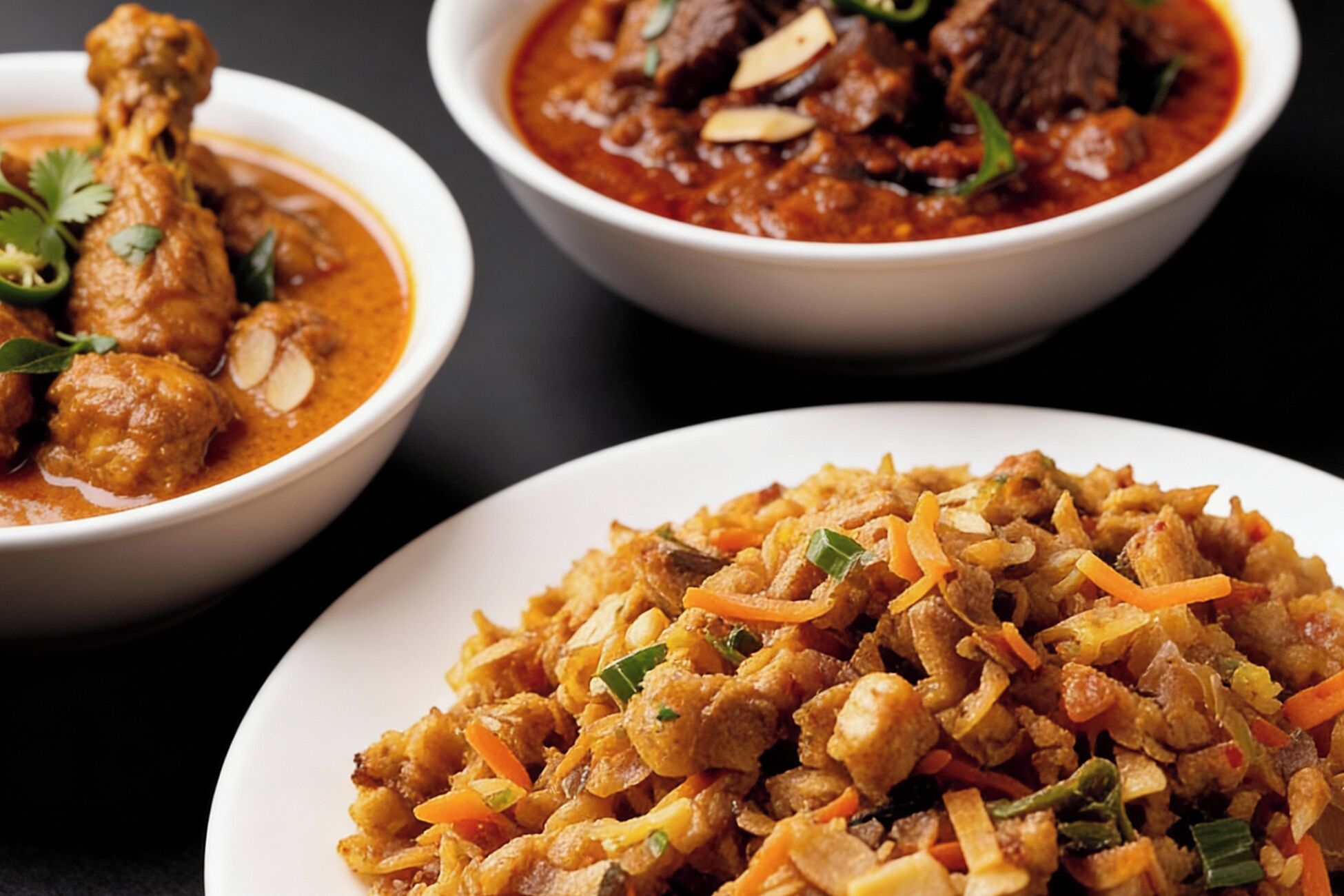 Three bowls of food with different dishes.