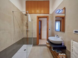 Shower, hair dryer, bidet, towels