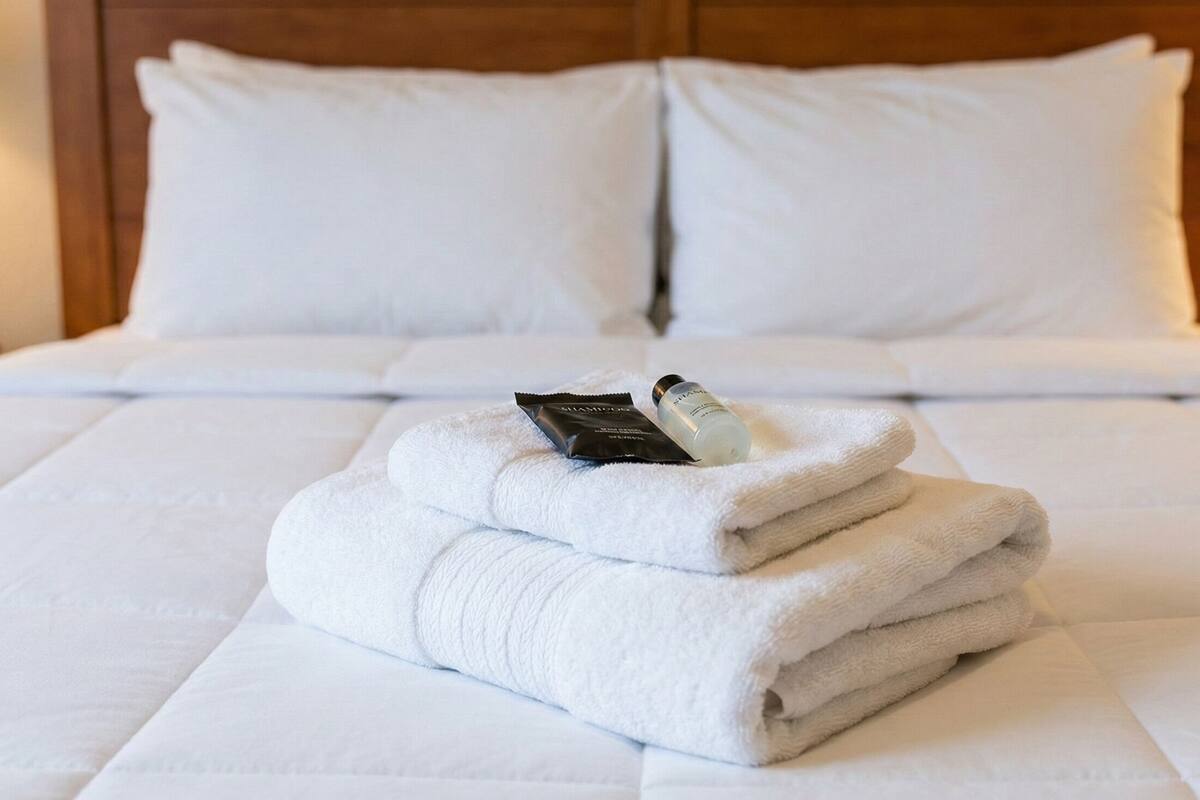 A neatly made bed with white linens and a folded towel on top.