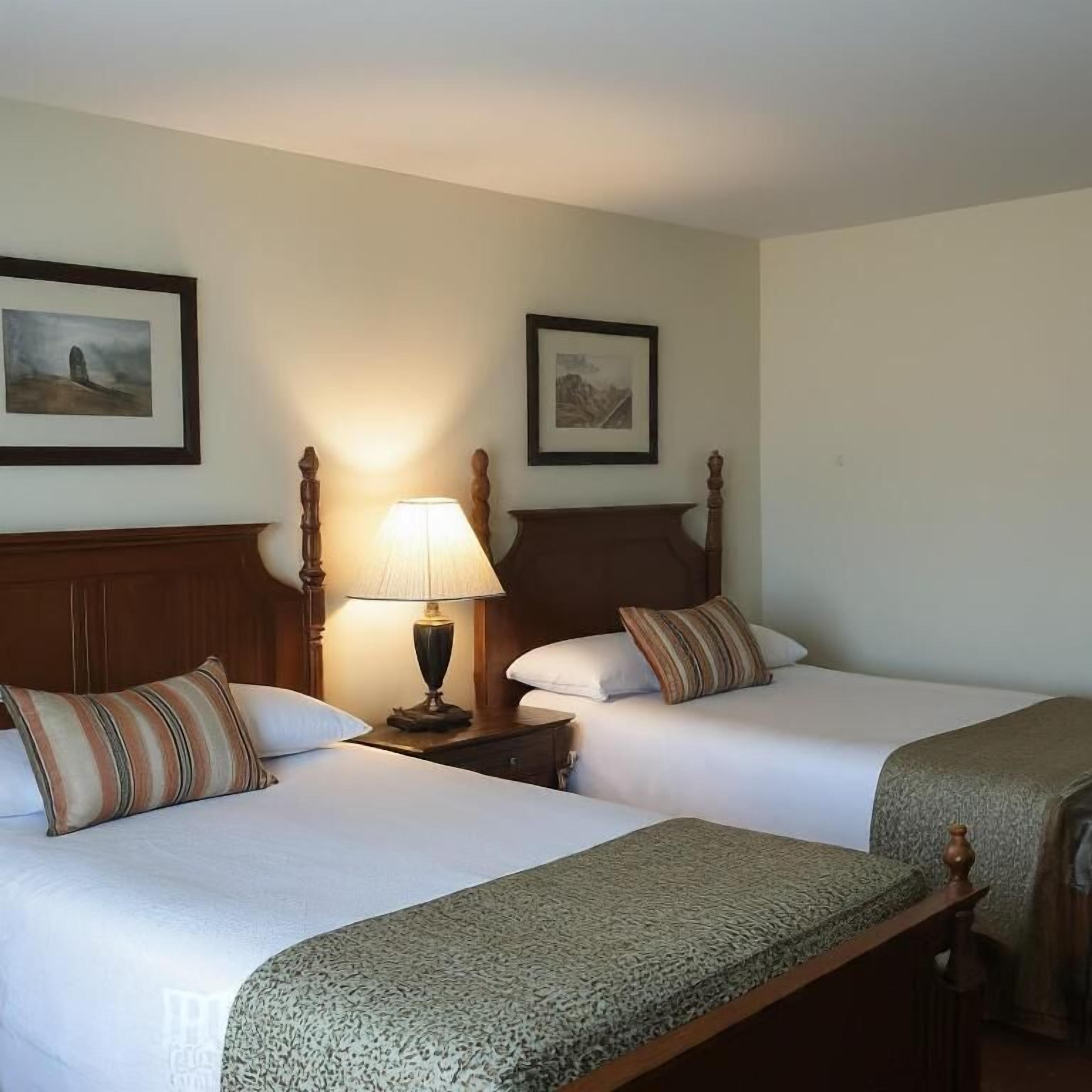 Una habitación de hotel con dos camas, una mesita de noche con lámpara y dos cuadros en la pared.