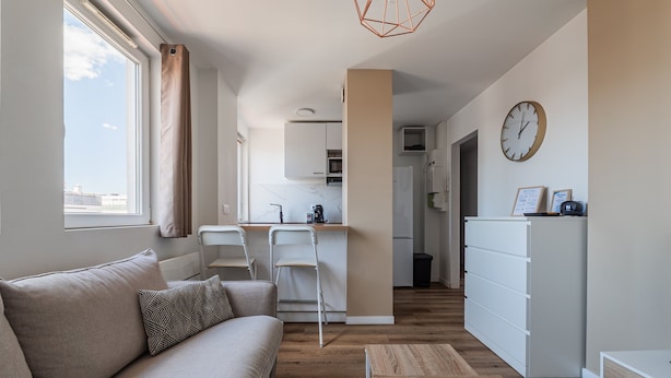 A modern living room with a sofa, a coffee table, and a dining area with chairs and a kitchen in the background. - L'Escapade Strasbourgeoise - Magnifique petit T2 refait à neuf (Strasbourg)