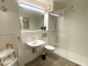 Dusche, Haartrockner, Handtücher, Toilettenpapier
