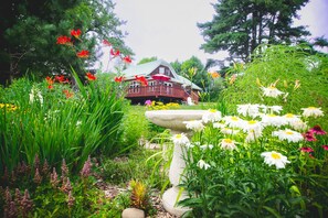 A rustic house surrounded by a lush garden with various flowers and greenery. - Entire Home located in historical district (Bayfield)