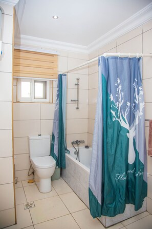 A bathroom with a toilet, bathtub, and shower curtain.