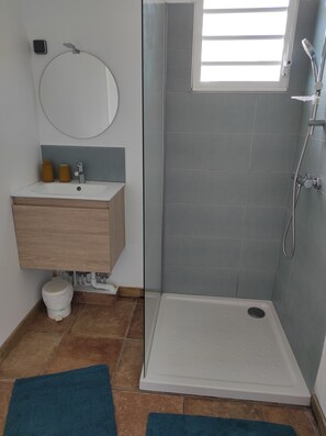 Shower, free toiletries, hair dryer, towels