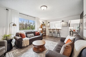 Smart TV, fireplace, books, offices