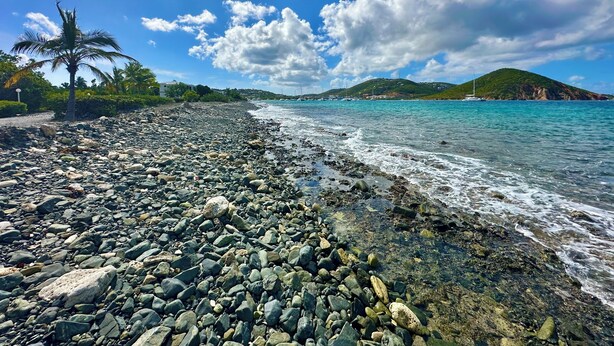 Una playa rocosa con aguas turquesas cristalinas, palmeras y una colina distante.