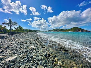 A rocky beach with clear turquoise water, palm trees, and a distant hill.