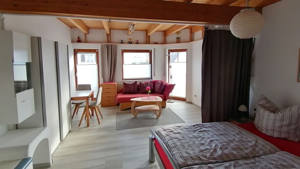 Une pièce comprenant un lit, un canapé, un bureau et une fenêtre.