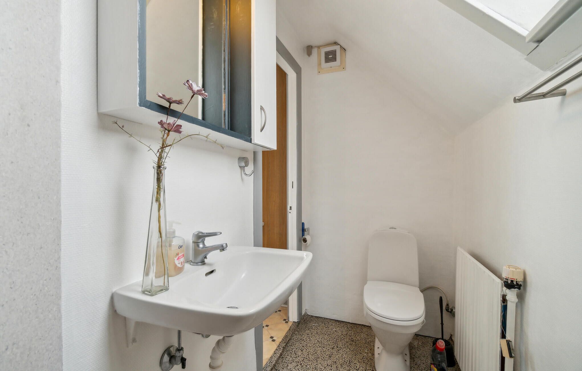 A compact bathroom with a white sink, a mirror, a toilet, and a radiator.