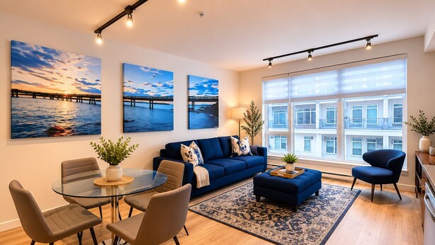 A modern living room with a glass dining table, blue sofa, and large windows. - Perfect Brand New Suite In The Heart of Sidney (Sidney)