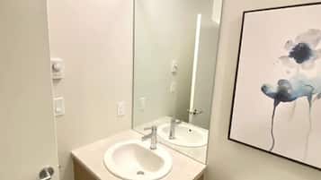 Hair dryer, towels, shampoo, toilet paper