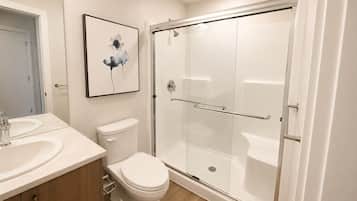 Hair dryer, towels, shampoo, toilet paper
