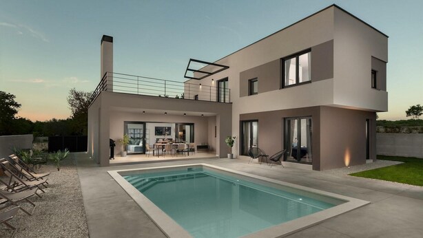 A modern two-story house with a swimming pool, outdoor seating, and a covered patio area. - Awesome home in Vodnjan (Vodnjan)