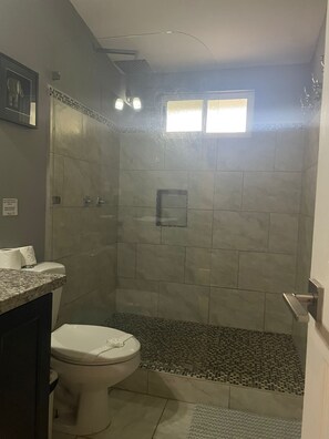 Shower, towels, toilet paper